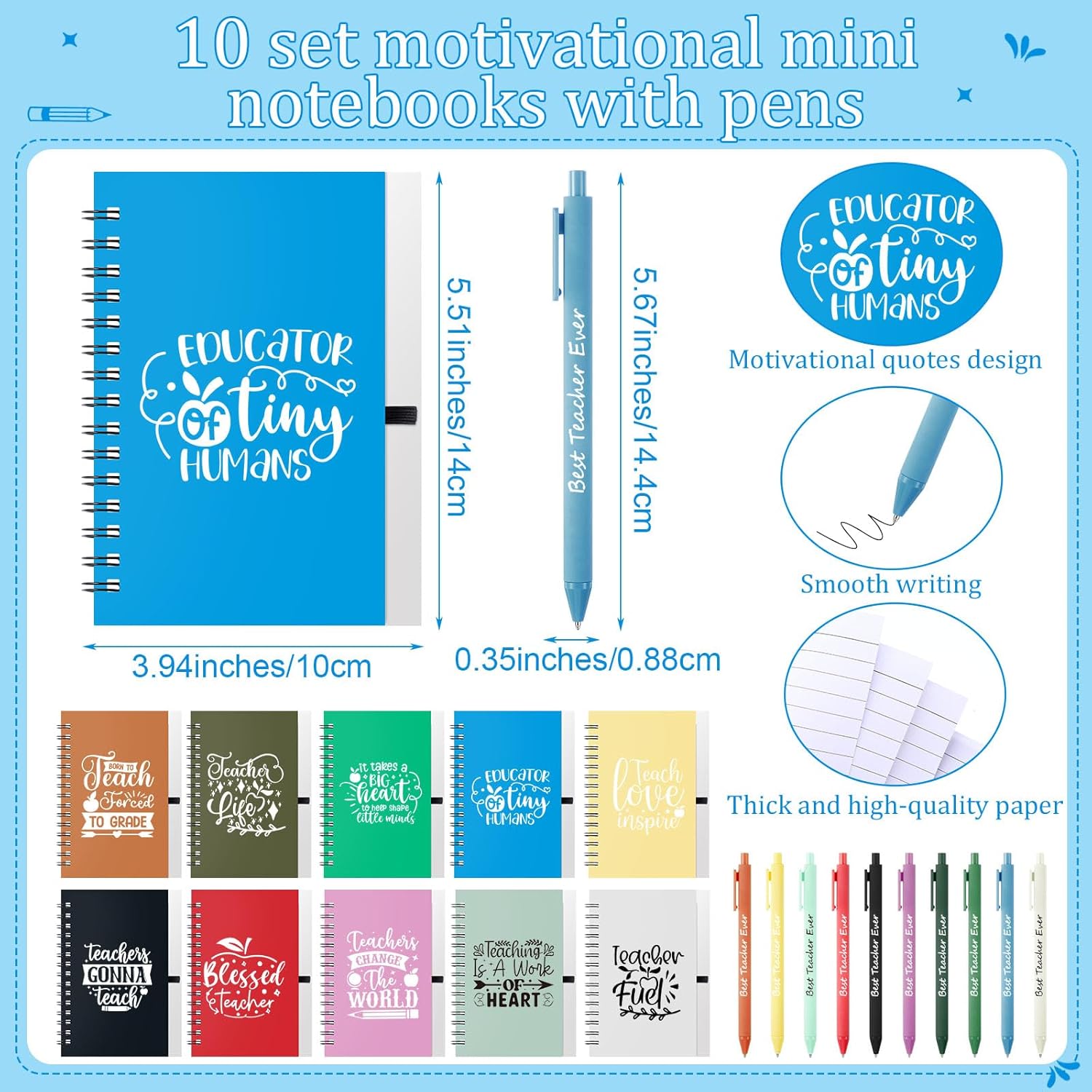 10 Sets Teacher Appreciation Gift Set 10oz Stainless Steel Coffee Cups Spiral Notebooks Ballpoint Pens Bulk Thank You Gifts for Teachers Gifts (Fresh)