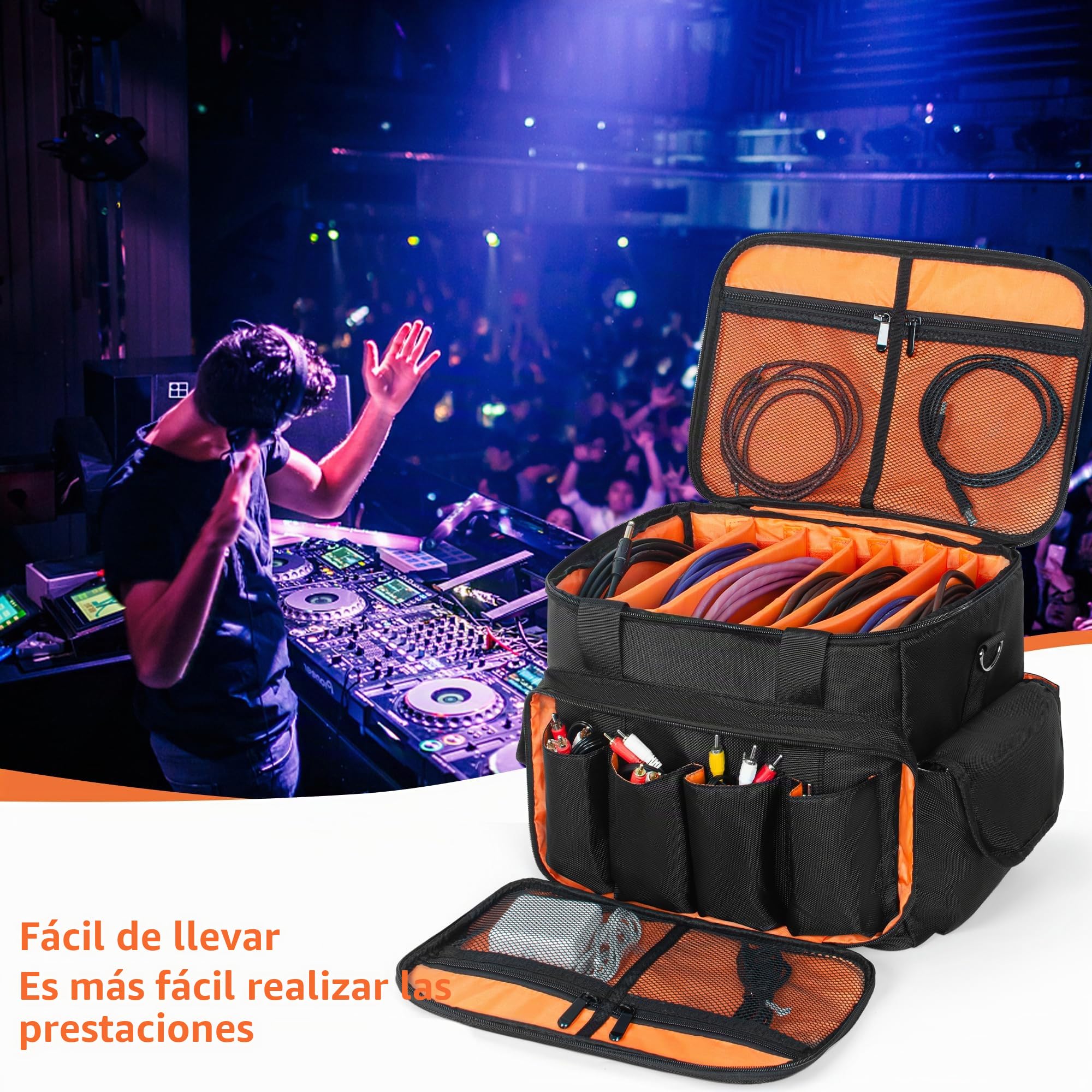 OUUTMEE Bolsa para DJ, Bolsa de Archivos de Cables para DJ, con divisores Ajustables y Dos Bolsillos Separados, 35 x 25 x 30 cm, para Equipo de DJ Profesional, Bolsa de Cables, Instrumentos Musicales