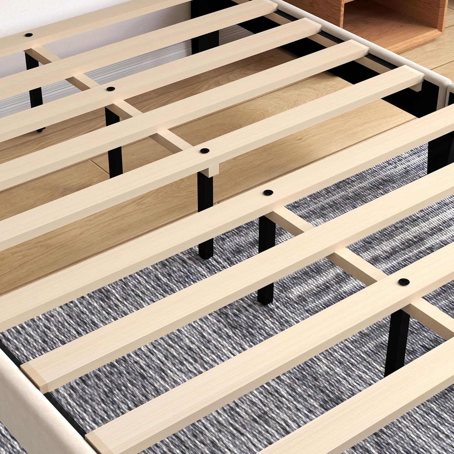 Queen Size Bed Frame with Velvet Upholstered Headboard, Platform Bed Frame with Adjustable Height Soft Headboard, 10 Pcs Sturdy Solid Wooden Slats Support, No Box Spring Needed, Noiseless, Beige