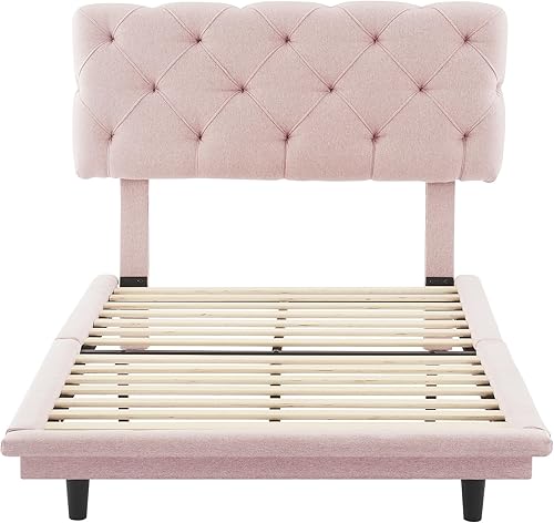 Miniatura 150 de Base de cama flotante tamaño Queen con luces LED y carga USB, marco de cama LED de plataforma tapizada moderna, no necesita somier (blanco-1)