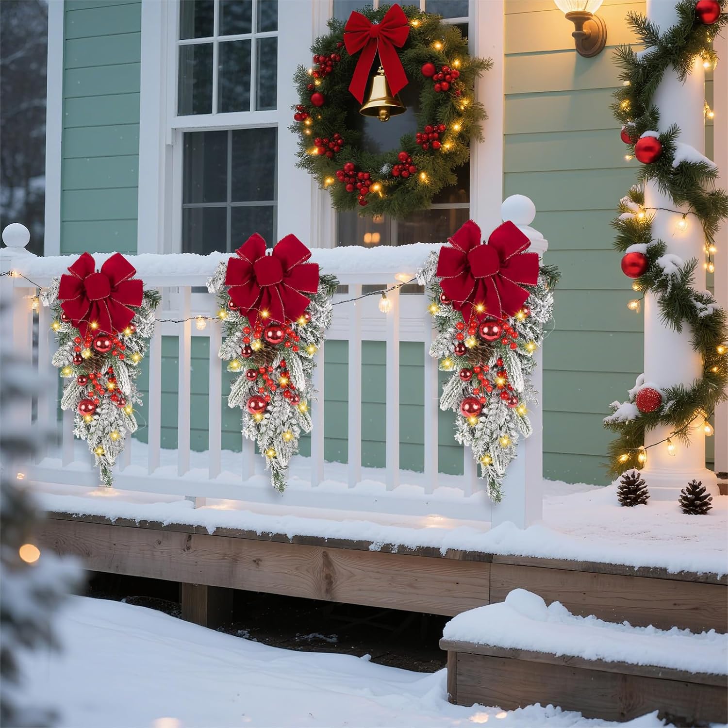 2 Pack Prelit Red Christmas Swags, 23.6" Teardrop Door Swag with Red Bows, Ornaments, Pinecones and Berries, Christmas Teardrop Swag for Front Door, Windows, Fireplace and Table Décor