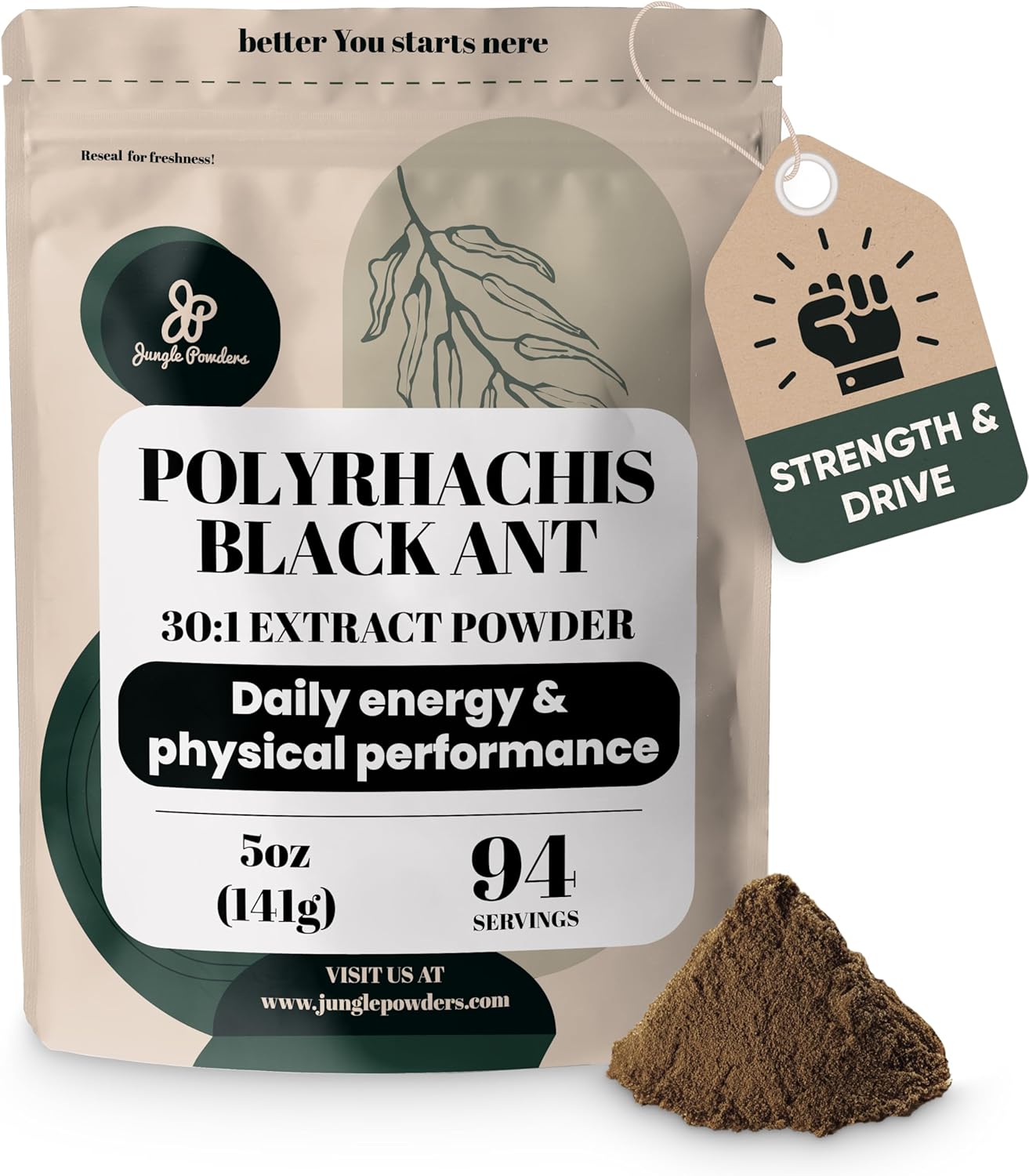Jungle Powders Black Ant Extract Powder 30:1 Concentration, 94 Servings - 5 Ounces of Pure Polyrhachis Black Ant Supplement, Filler Free Changbai Mountain Ant Traditional Mens Health Support for Drive