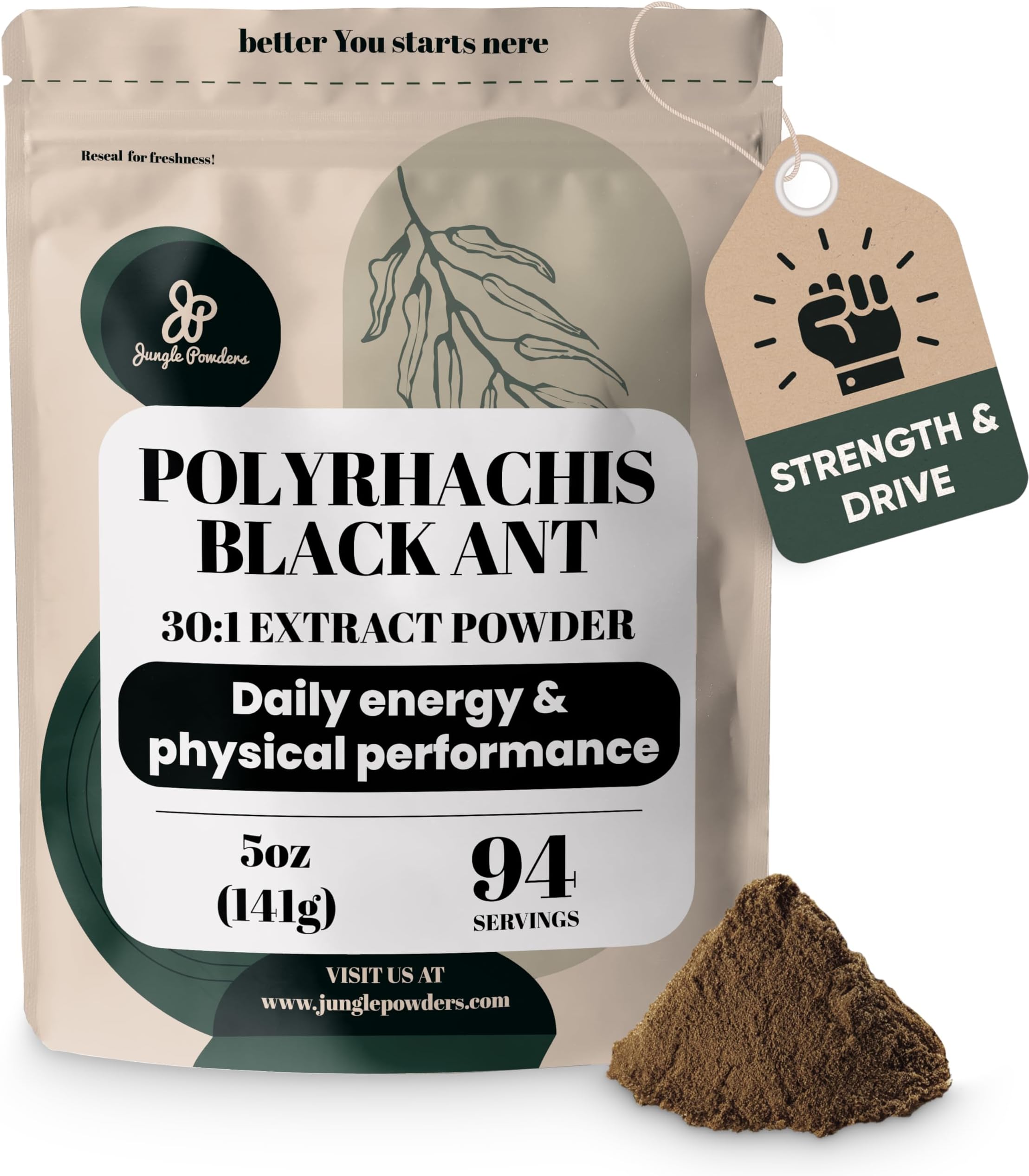 Jungle Powders Black Ant Extract Powder 30:1 Concentration, 94 Servings - 5 Ounces of Pure Polyrhachis Black Ant Supplement, Filler Free Changbai Mountain Ant Traditional Mens Health Support for Drive