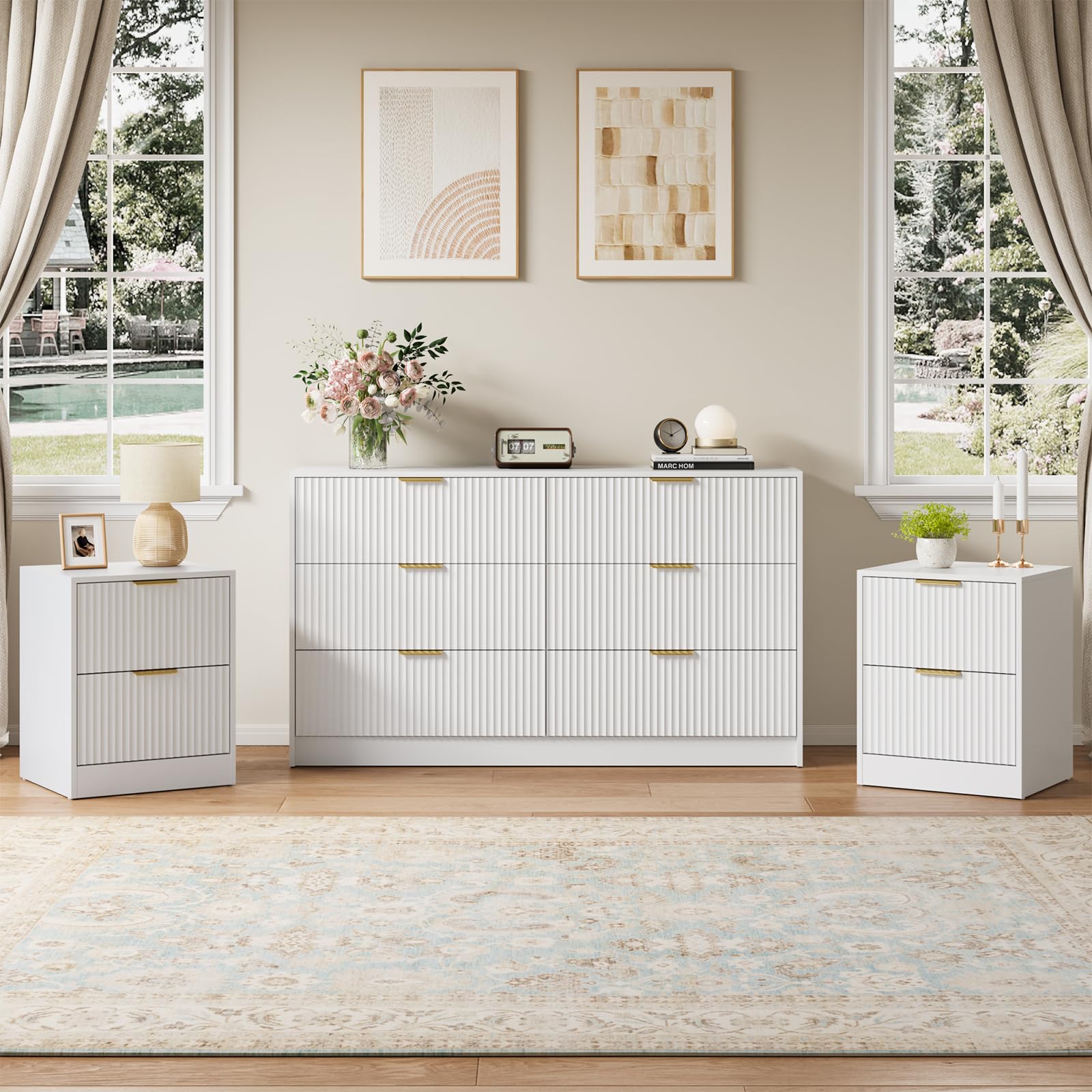 white dresser and nightstand set NOVAMAISON 6 Drawer & 2-Drawer 3-Piece, White丨55 Wide Bedroom Set Night Stand Set of 2 with Metal Handle, Fluted Wood Chest of Drawers Storage Dressers Set for Bedroom Navy Blue Cute Party a solid wood known NA-02.10.26AM Color::#3-Dark Magenta