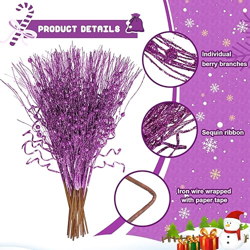 Miniatura 3 de Yunlly 24 piezas de 17 pulgadas con purpurina para árbol de Navidad para decoración de árbol de Navidad, tallos de bayas con brillantina, tallos