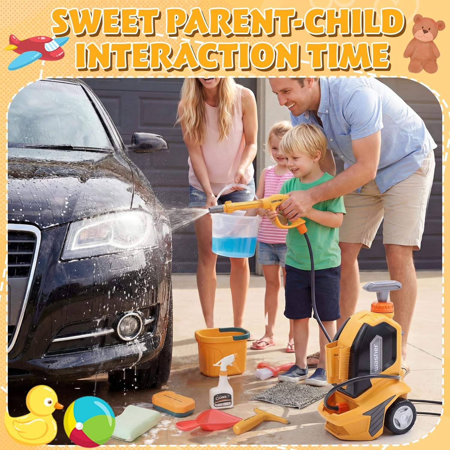 Kids Pressure Washer Clean Car Wash Power Washer with Cleaning Kit, Manual Pressure Adjustable Water Gun Spray, Pretend Tools Role Playing Cleaning Birthdays Gift for Boys Girls