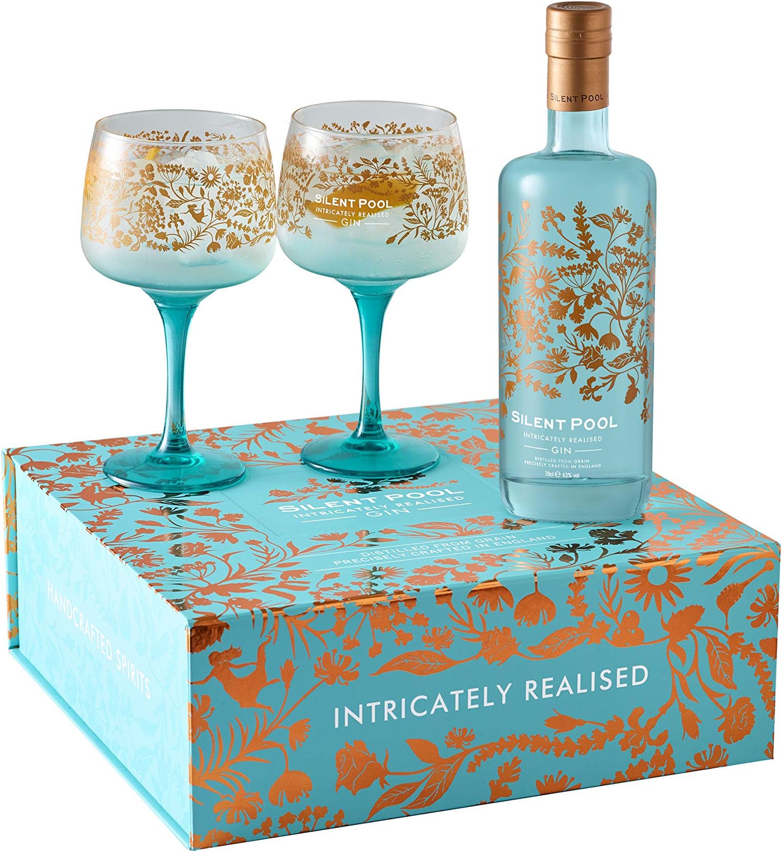 SILENT POOL - Ultra Premium London Dry Gin Gift Box With 2 Copa Glasses - Award-Winning - Layered, Fragrant, Balanced - To Enjoy Over Ice - Couple Ultimate Gin Gift - 43% ABV - 70 cl