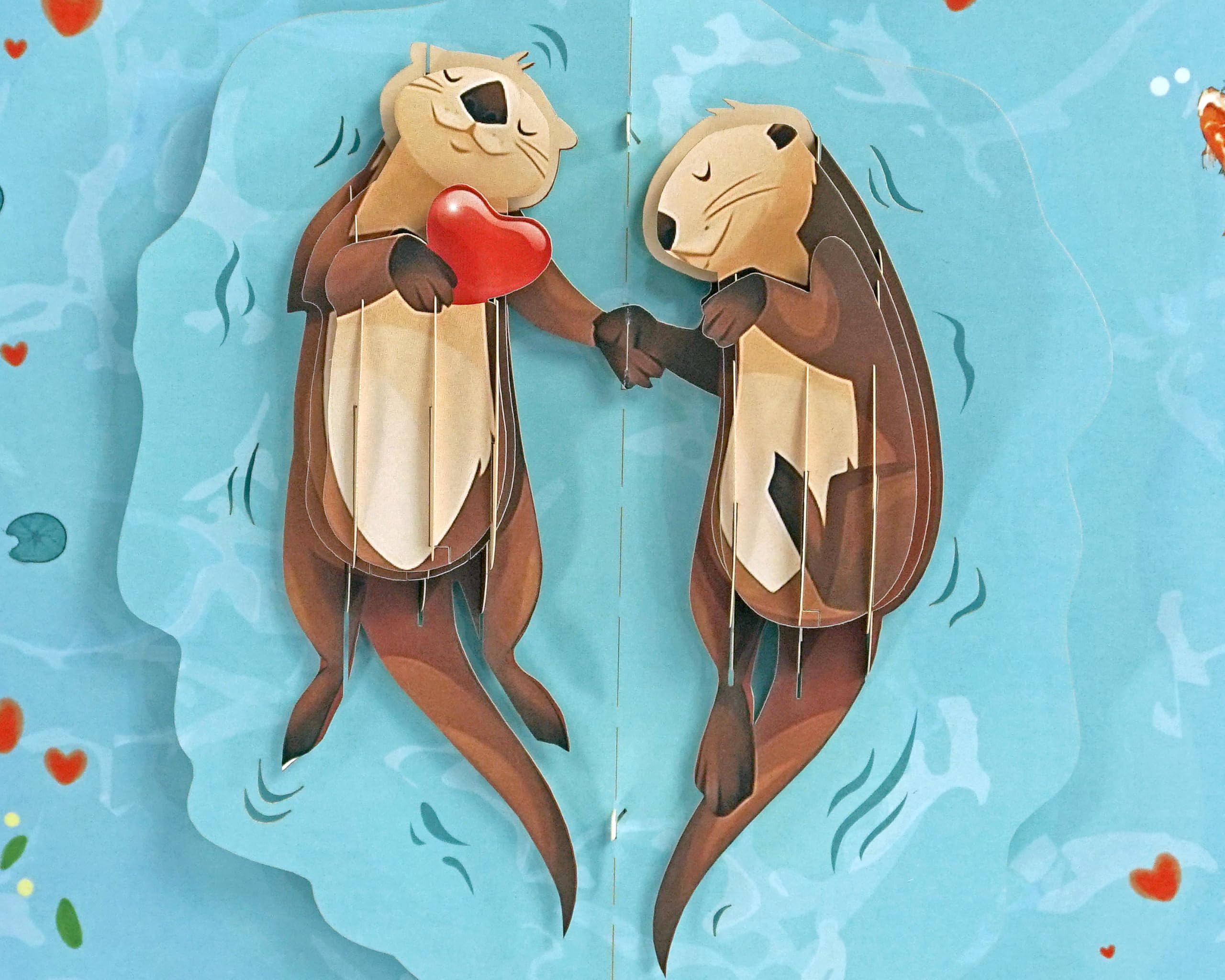 Cute Otter Couple Holding Hands 3D Pop Up Card.Romantic card for Her, Girlfriend, Wife,Him, Boyfriend,Husband. Perfect for Valentine’s Day, Birthday’s,Thank you 15cmx20cm