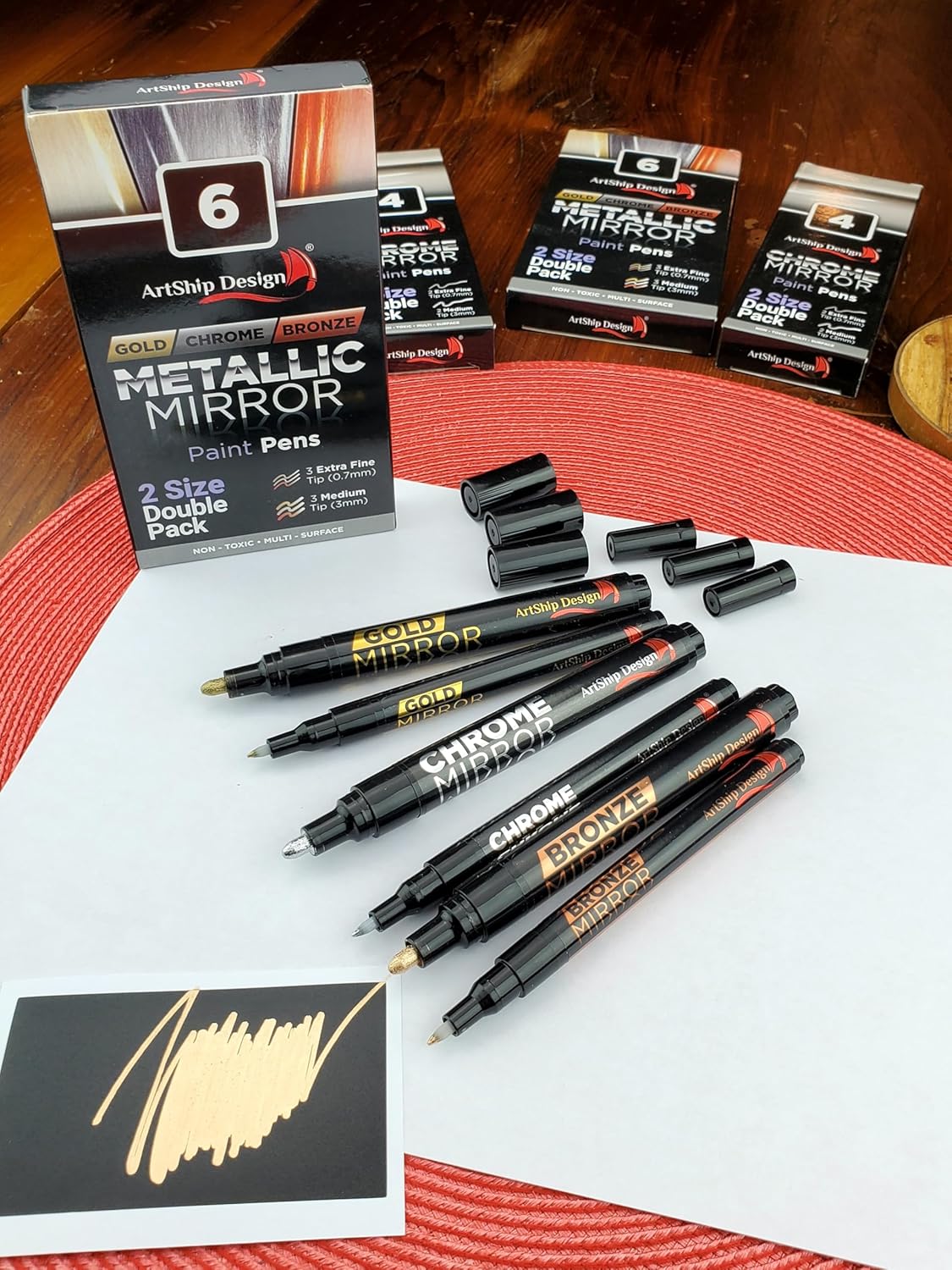 6 Chrome, Gold, & Bronze Mirror Paint Pens, Double Pack of Both Extra Fine & Medium Tip Paint Markers for Models, Cards, Posters, Rock Painting, Mugs, Ceramic, Glass, Wood, Plastic, Most Surfaces