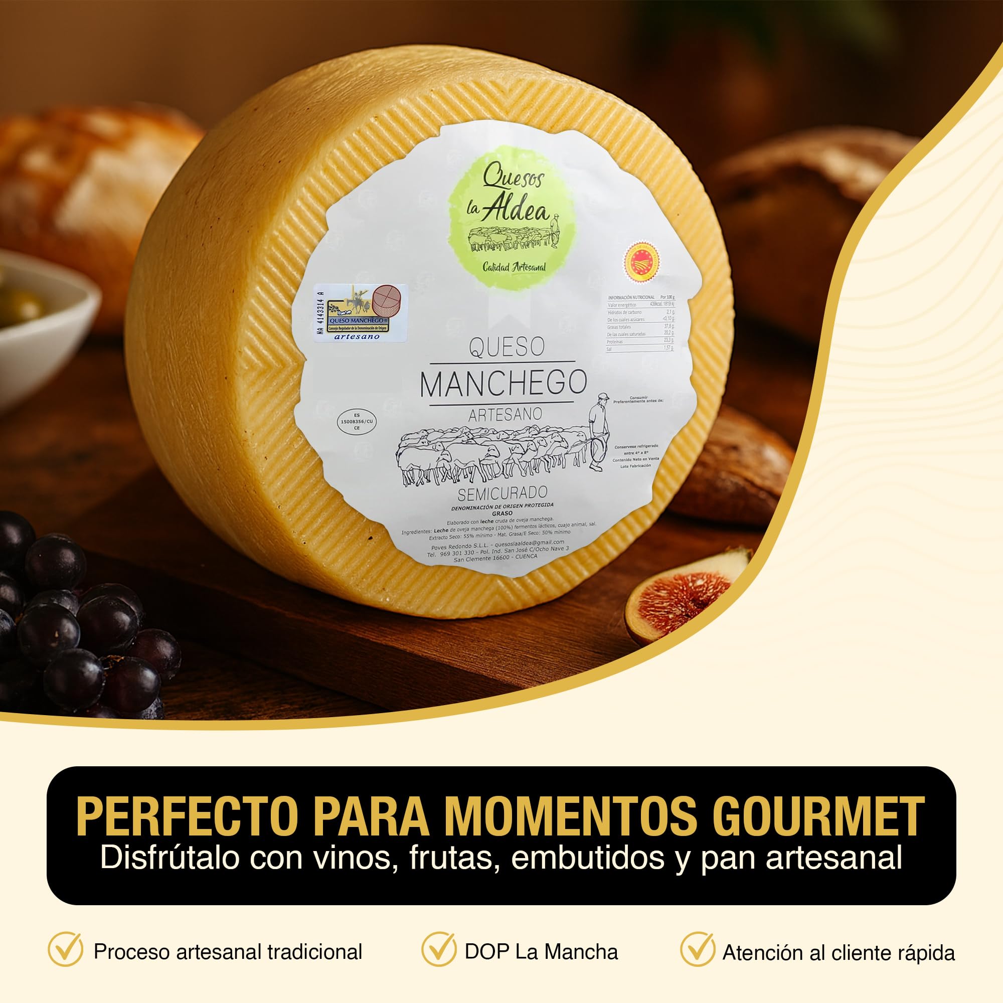 Queso Manchego Artesano Semicurado 3 kg Leche de Oveja D.O. La Mancha Gourmet Regalo