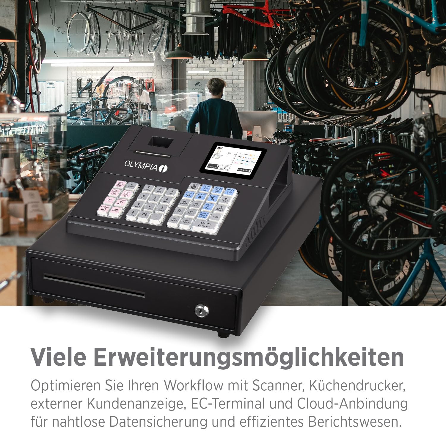 Olympia K100 Registrierkasse LED Kundenanzeige 58mm Thermodrucker Android 11 Hubtastatur 39 Tasten Kassenschublade