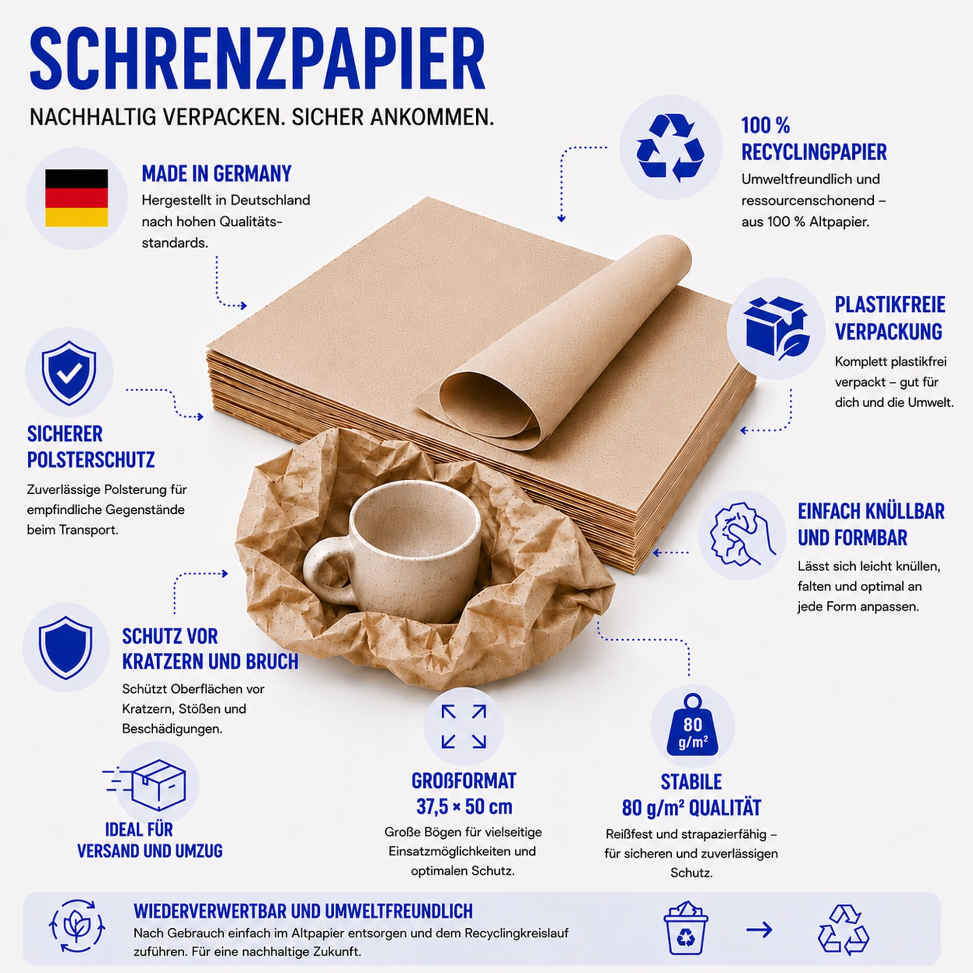 Schrenzpapier Packpapier 37,5 x 50cm 80g/m² 1300 Bogen für Umzug & Versand - Füllmaterial & Verpackungsmaterial - 100% Recycling - 20 kg