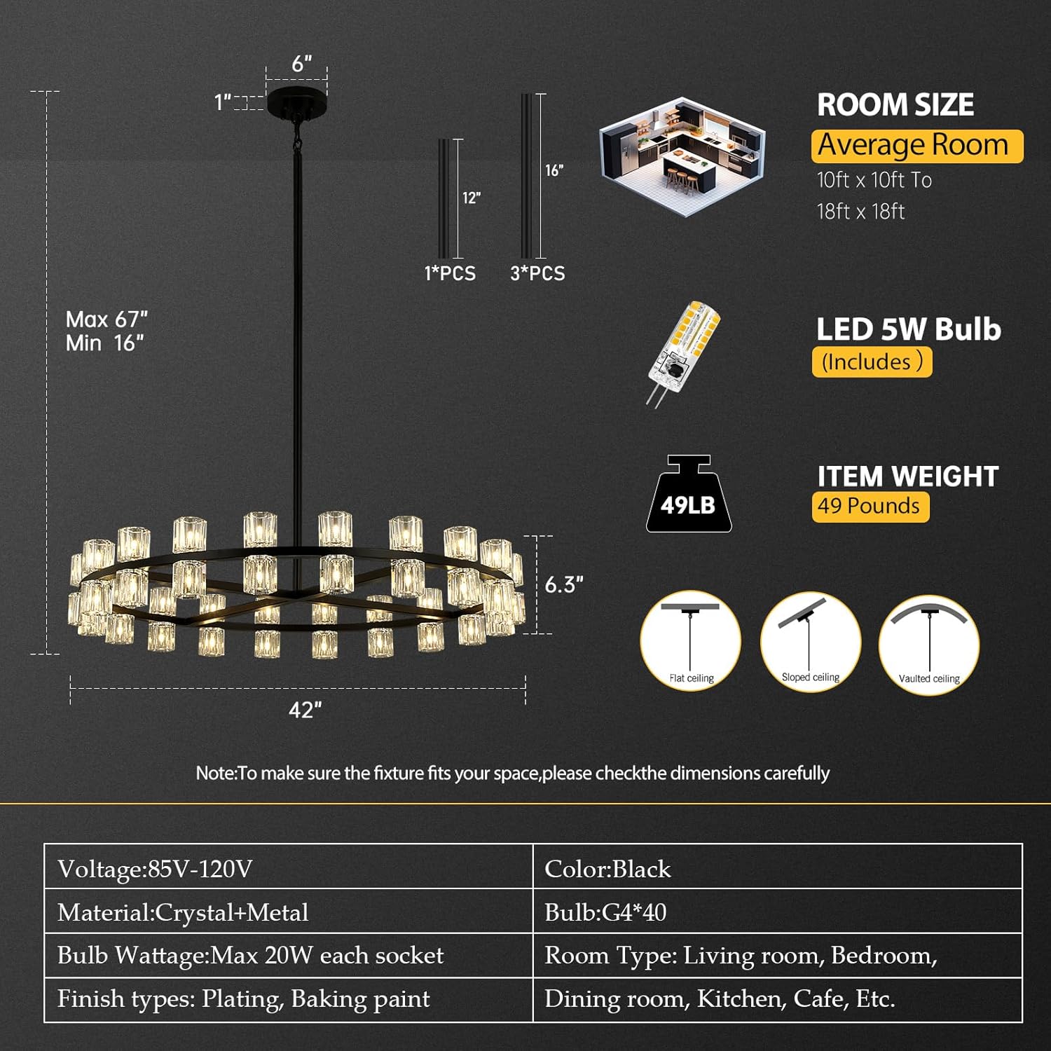 40-Lights Large Crystal Chandelier | Dia 42 Inch Round Chandeliers for Dining Room Over Table | Black Dining Room Light Fixture Apply to Living Room | Entryway | Foyer | 40 X G4 bulbs (included)