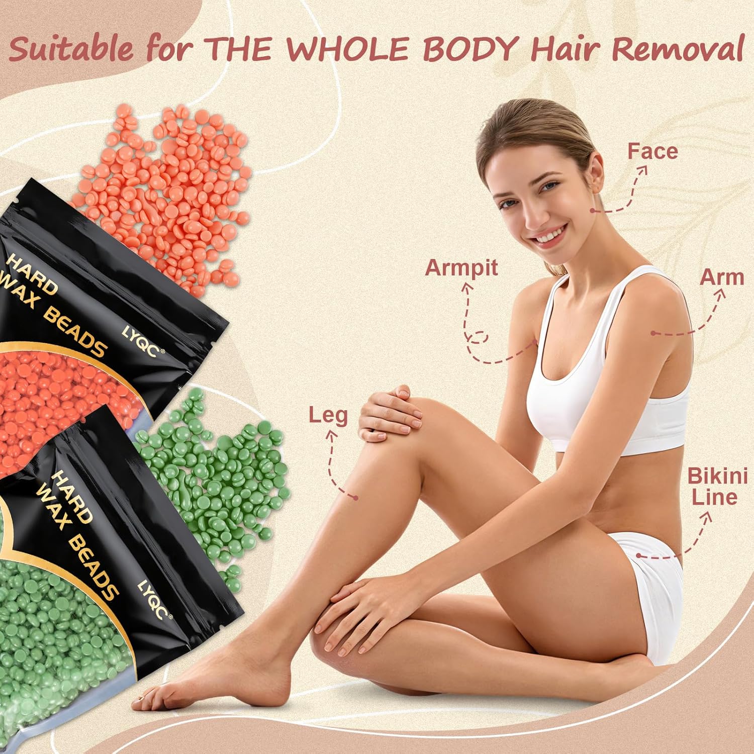 2.2lbs Hair Removal Wax Beads, Professional Hard Wax Beads 1000g, with 20 Applicators, Suitable for Full Body, Painless Gentle Wax Bead Hair Removal for Men and Women