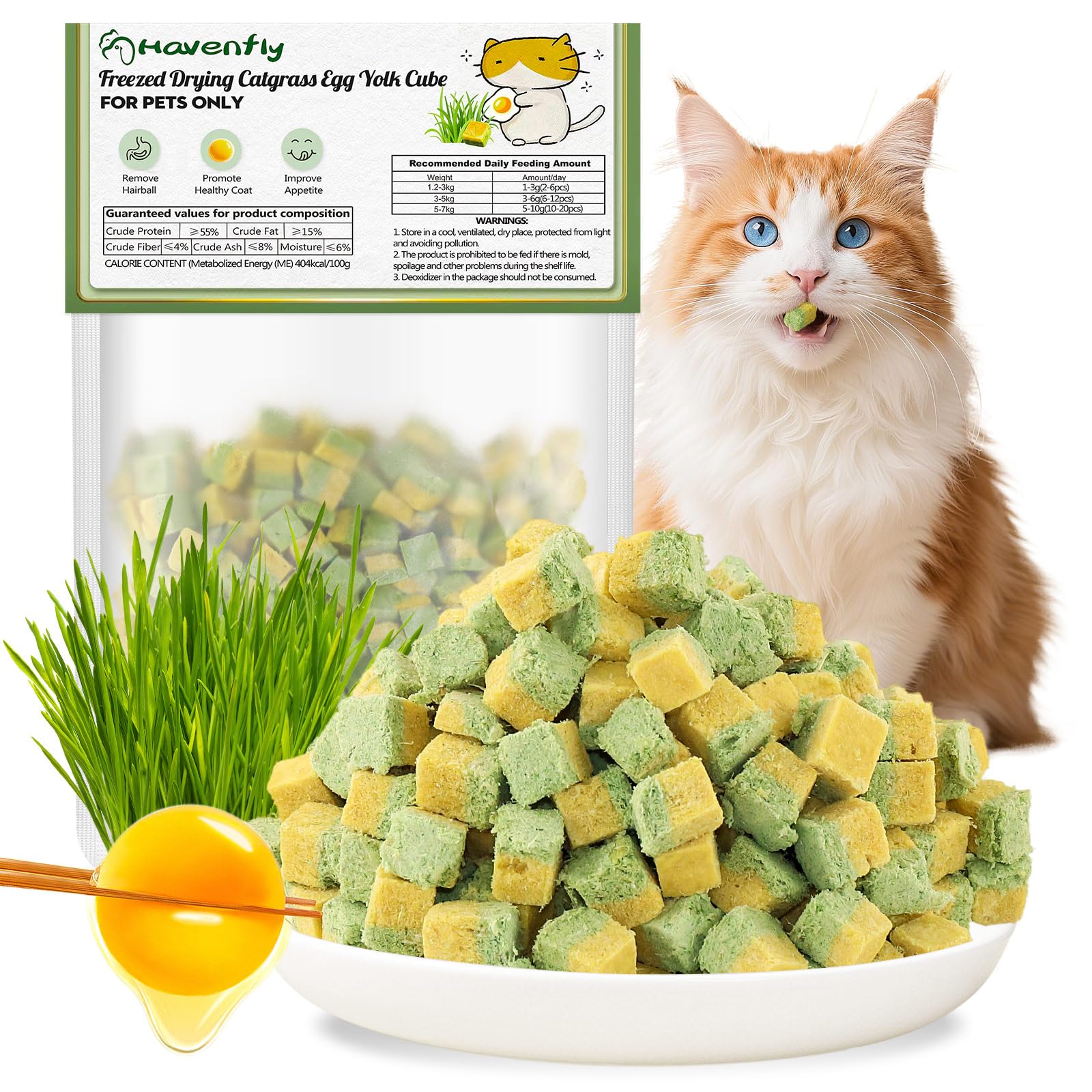 Gefriergetrocknete Katzengras Snack mit Katzengras & Eigelb, Katzenleckerlis Zahnpflege Leckerli zur Reduzierung von Haarballen und für Gesundes Fell, Cat Grass Stick (60g, Eigelb)