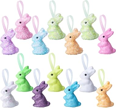 14 Pieces Easter Rabbit Ornaments,Glitter Bunny Decorations,Multicolored Hanging Ornament Craft Decor for Easter Party Supplies