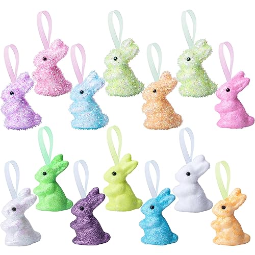 14 Pieces Easter Rabbit Ornaments,Glitter Bunny Decorations,Multicolored Hanging Ornament Craft