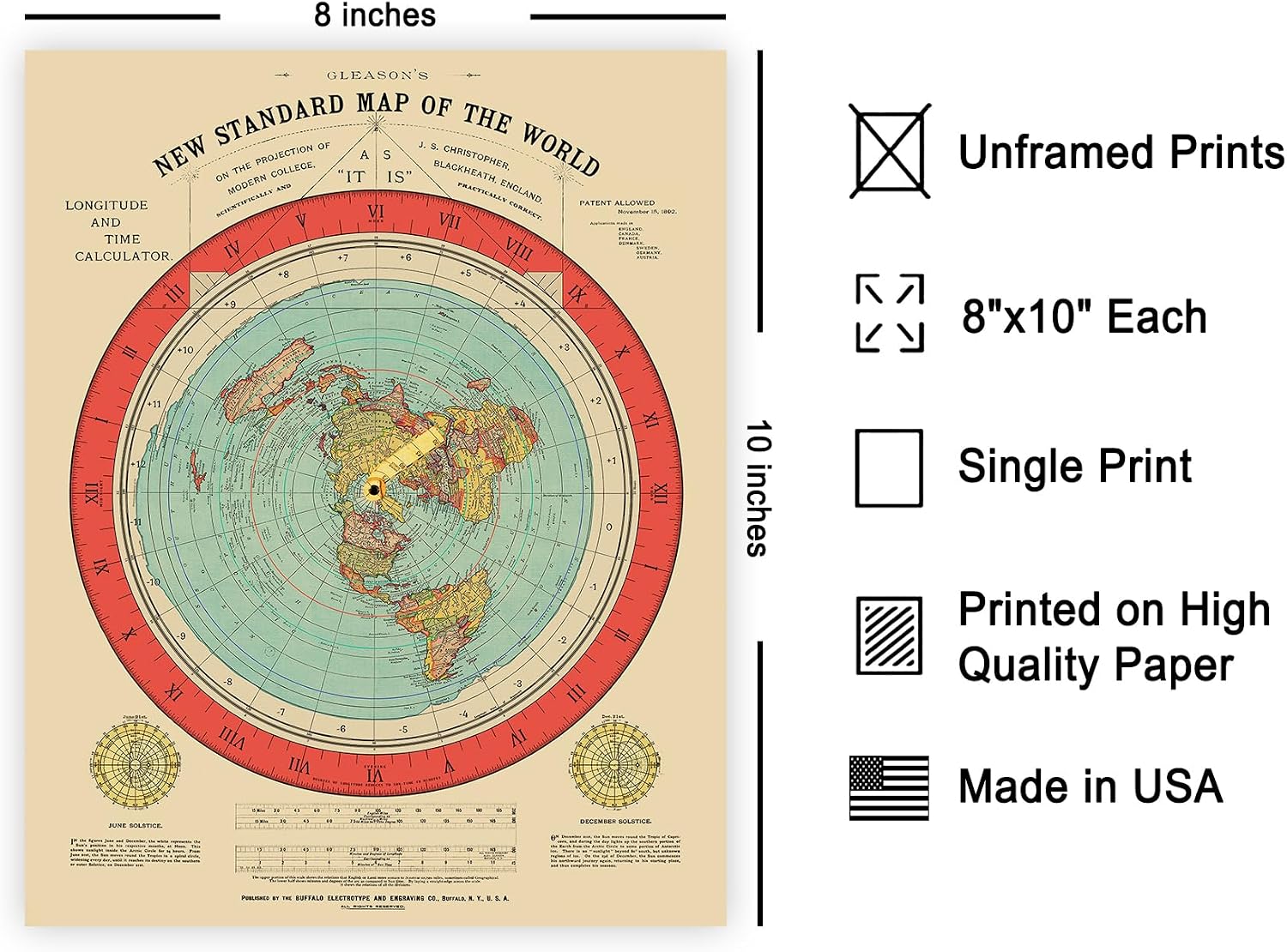 Poster Master Vintage Map Poster - 8x10 Unframed Wall Art Print - New Standard of the World Map - Flat Earth Gleason's Map - Great Wall Decor Gift for Home, Office, Living Room, Bedroom