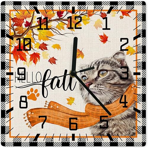 Hello Fall Wooden Wall Clock Silent Non Ticking, Thanksgiving Cat Orange Scarf Maple Leaf Black Plaid Square Wall Clock Battery Operated, Decor
