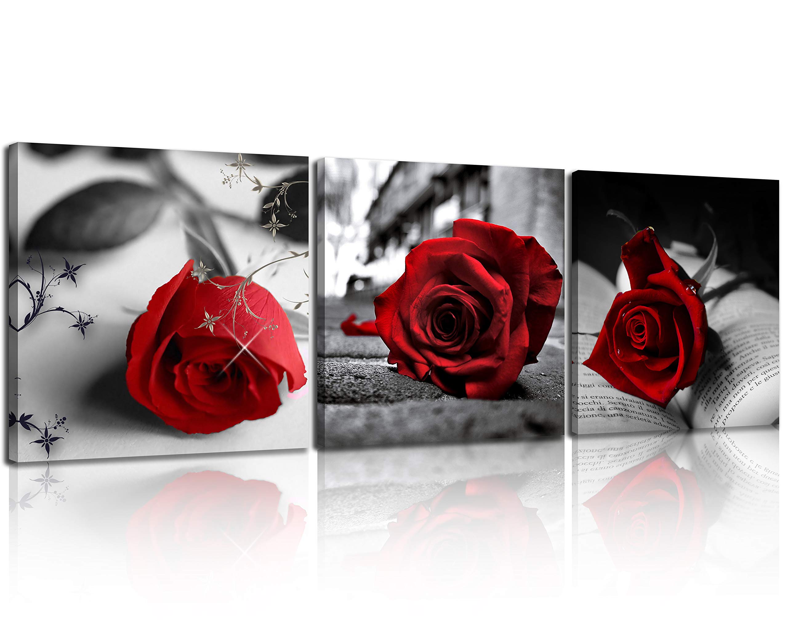 NAN WindCanvas Print 3 Pcs Black and White Red Rose Canvas Art Painting Abstract Wall Art Decorations Flower Picture on Canvas for Home Decor Valentines Gift Stretched and Framed 12X12inches