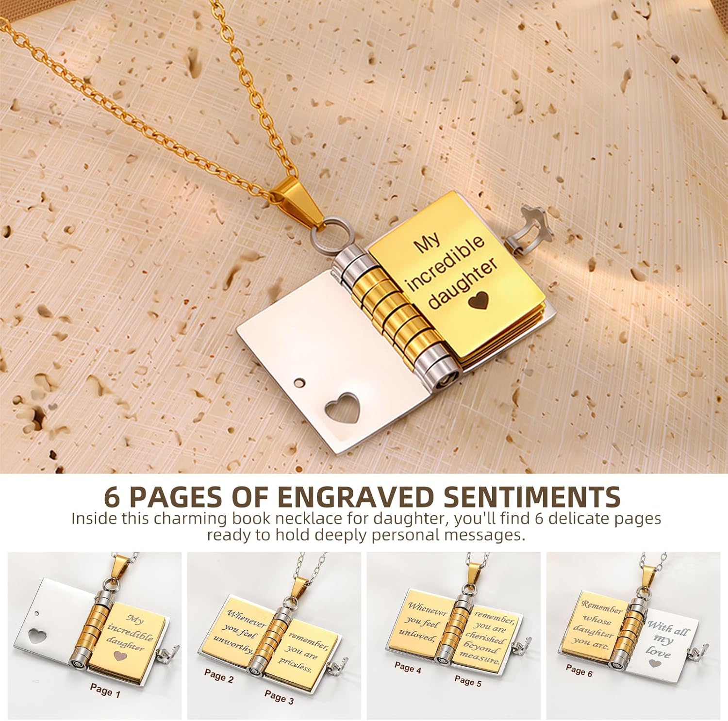 For Daughter-My Incredible Book Necklace,To My Daughters from Mom Dad Adjustable Book Necklaces with 6 Pages of Engraved Information Birthday Day Gift Graduation Jewelry for Love - Image 7