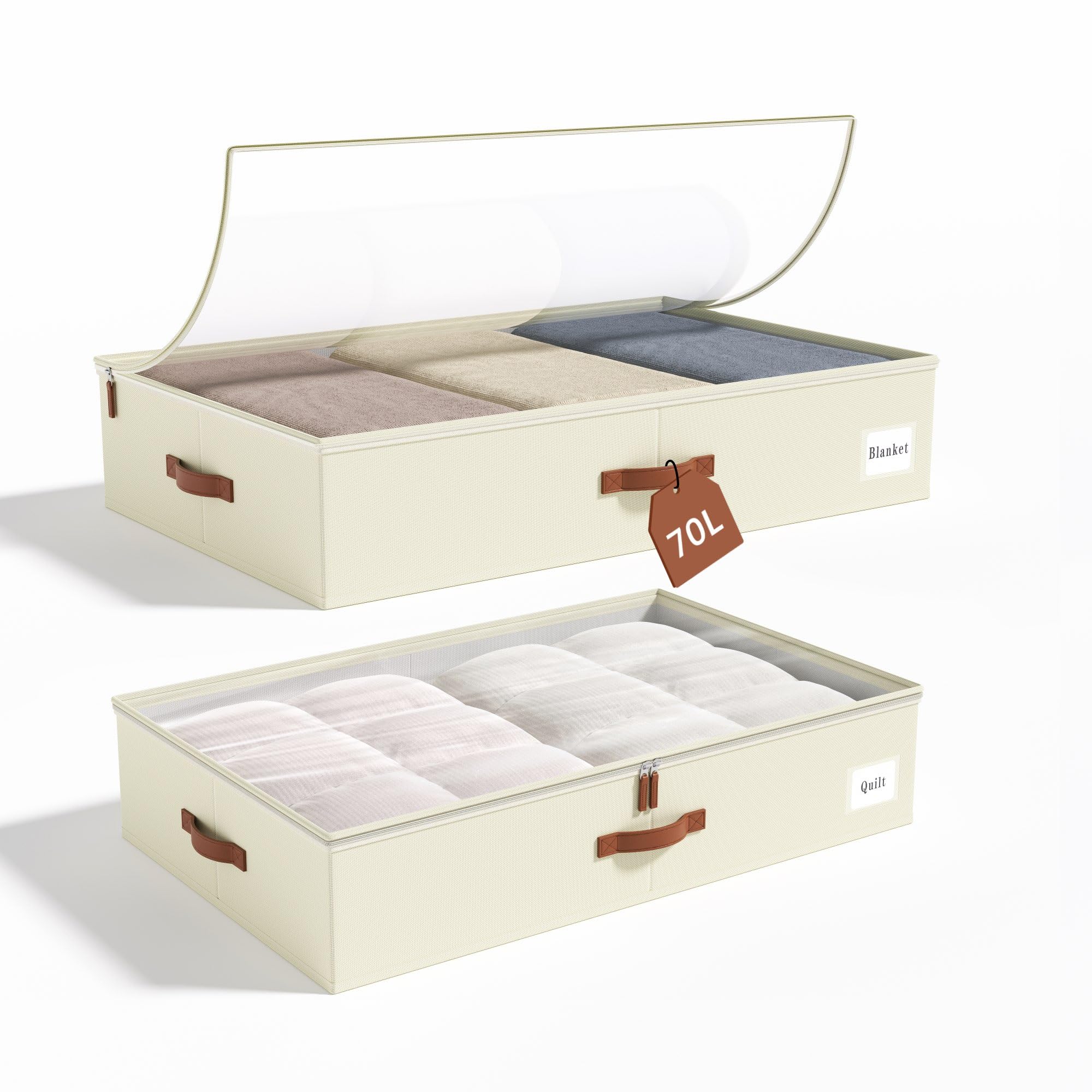 Under Bed Storage Containers, 70L Large Capacity, Set of 2 Under Bed Organizer Box with Sturdy Frames, Underbed Storage Bins with Lids, Dorm Under Bed Drawers for Blankets, Clothes, Shoe