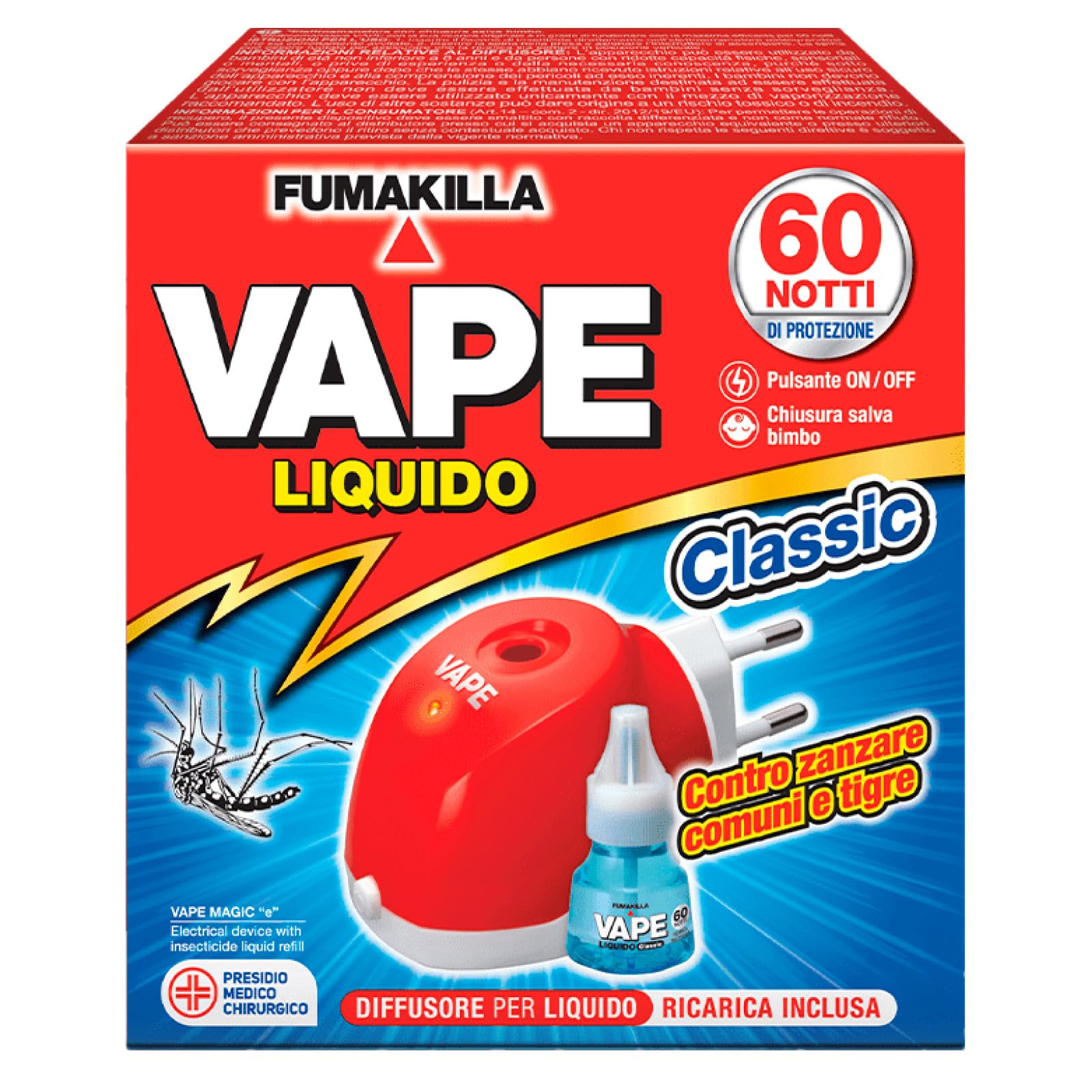 Vape - Difusor eléctrico con carga líquida Classic 60 noches insecticida mosquitos comunes tigre y moscas Presidio médico quirúrgico – 2 paquetes