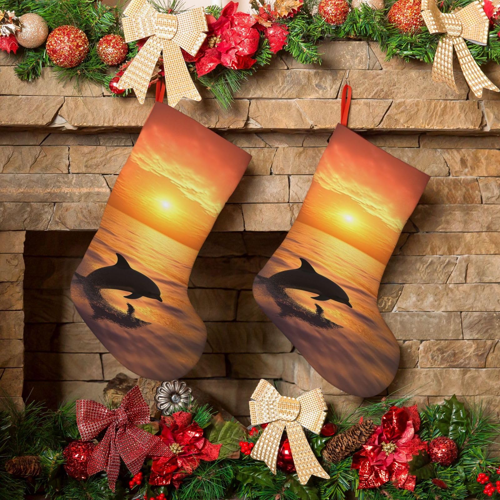 Dolphin and Sunset Christmas Stockings 18 Inches Velvet Xmas Fireplace Hanging Stocking Rustic Christmas Santa Stockings for Home Christmas Decorations Party Favor Supplies