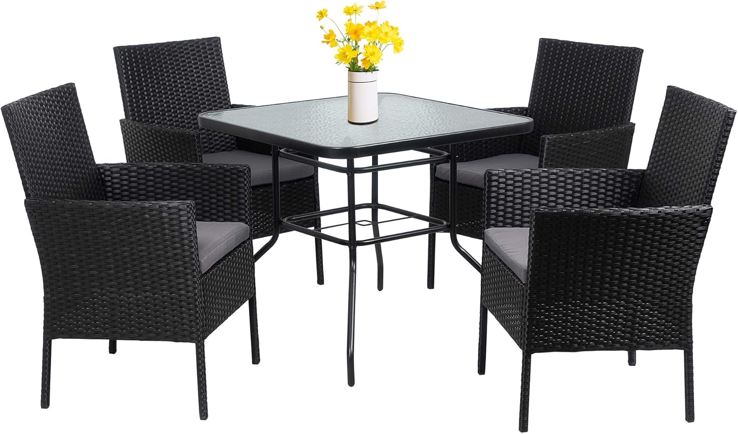 Walsunny 5-Piece Indoor Outdoor Wicker Dining Set Furniture,Square Tempered Glass Top Table with Umbrella Hole,4 Chairs-Black(Grey Cushions) : Patio, Lawn & Garden