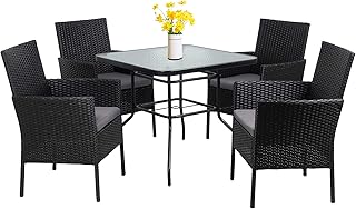 Walsunny 5-Piece Indoor Outdoor Wicker Dining Set Furniture,Square Tempered Glass Top Table with Umbrella Hole,4 Chairs-Bl...