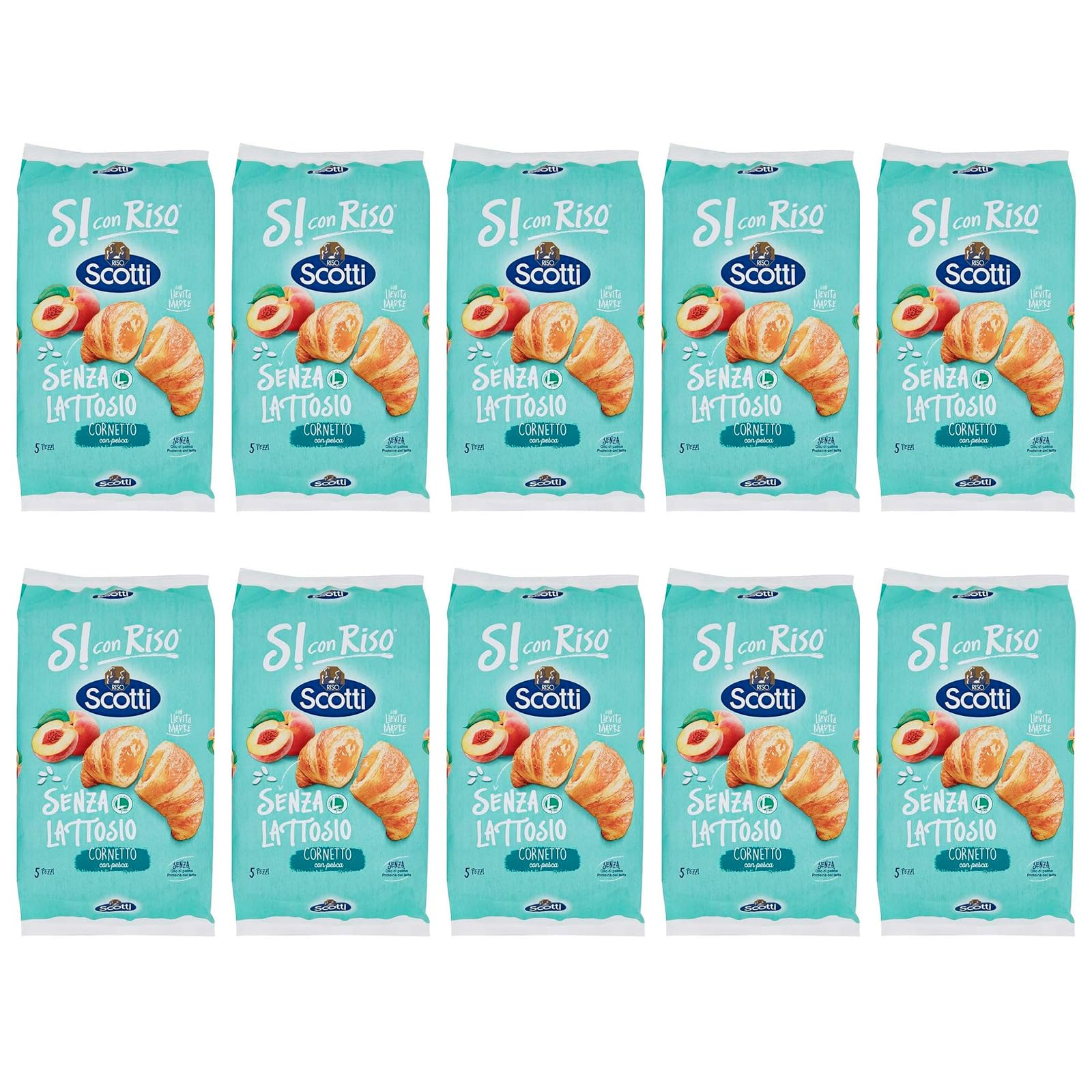 10x Riso Scotti Cornetto con Pesca Senza Lattosio Croissant mit Pfirsich laktosefrei (5 x 48g) 240g Pfirsichcroissants ohne Palmöl ohne Milchproteine