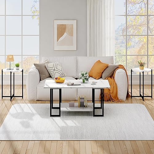 Miniatura 7 de Hooseng Juego de 3 mesas auxiliares y mesas auxiliares, moderno juego de mesa de sala de estar con marco de metal para apartamento, hogar, oficina,