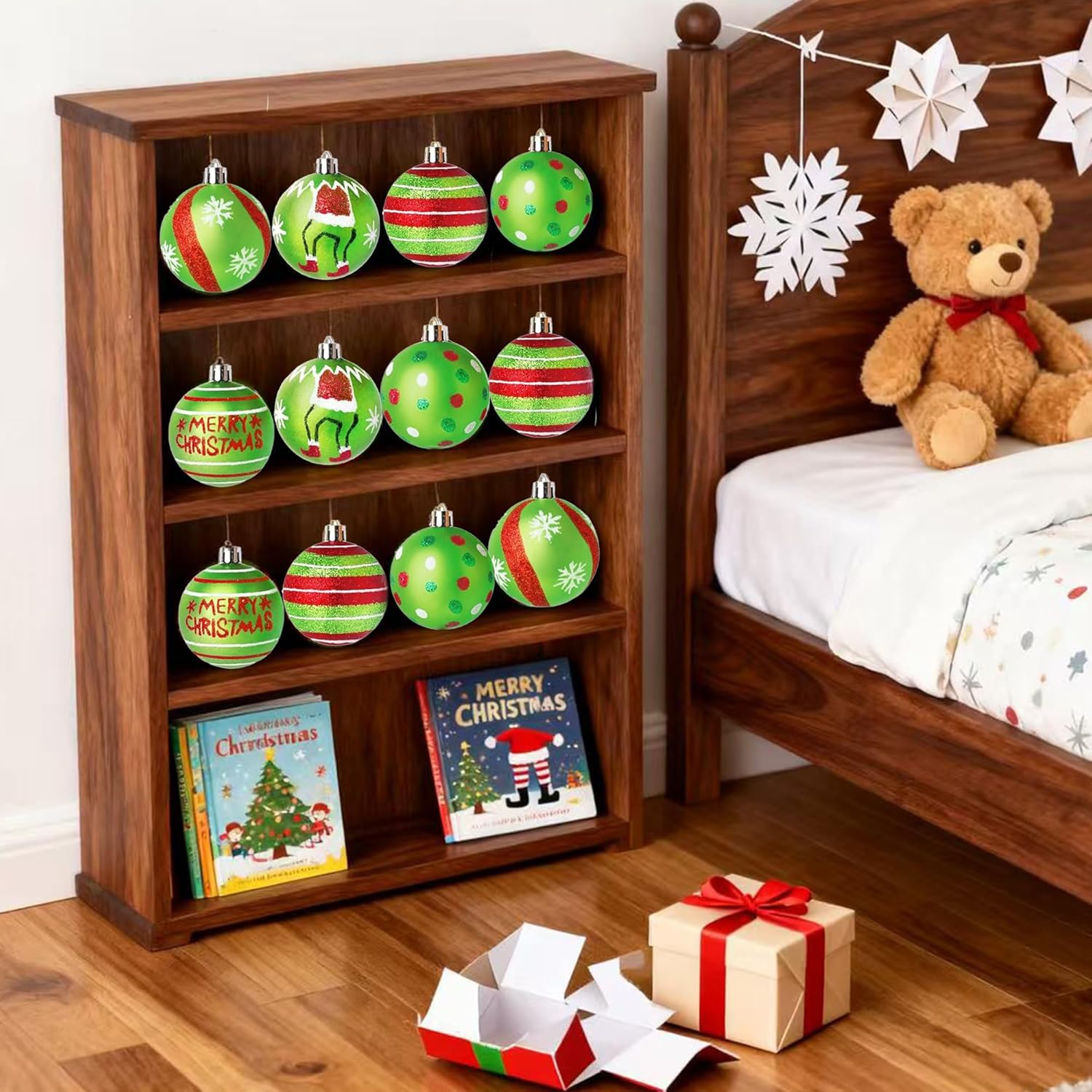 6Pcs 2.4" Christmas Ball Ornaments Grinch-Style Shatterproof Glitter Christmas Tree Balls, Cute Red/Green/White Xmas Balls Pre-Tied Easy-Hang Ornaments for Small Tree - Image 3