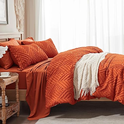 Miniatura 4 de Juego de edredón Queen de 7 piezas, cama copetuda naranja quemado en una bolsa con edredón y sábanas, juegos de ropa de cama para todas las
