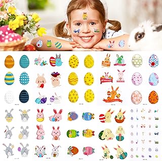 Qpout Tatouages temporaires de pâques pour enfants, conception de dessin animé d'oeufs de poulet panier de lapin, pour garçons filles fête de pâques décoration cadeaux