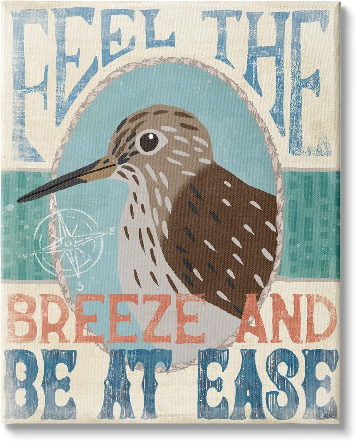 Stupell Industries Feel Breeze Be Ease Nautical Phrase Sandpiper Bird, Designed by Veronique Charron Canvas Wall Art, 24 x 30, Beige