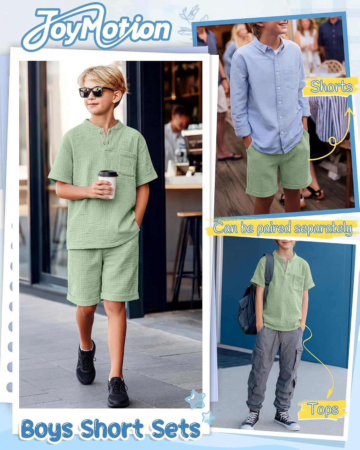 Boys 2 Piece Summer Outfits Vacation Cotton Short Sleeve Shirt Beach Shorts Pocket Clothes Henley Casual Set 5-14y