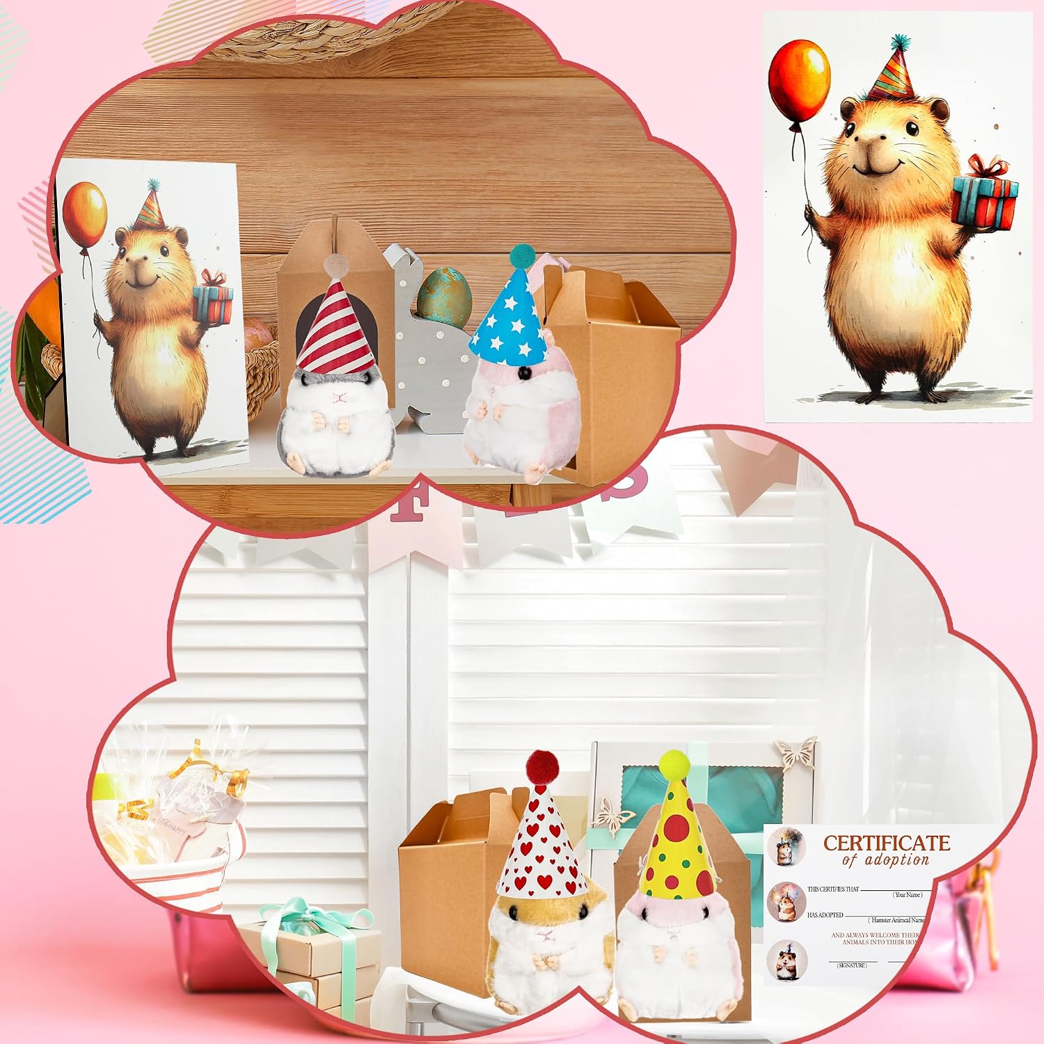 54 Pcs Hamster Party Favors Include 10 Mini Plush Hamster Stuffed Animal Bulk 10 Boxes 10 Adoption Certificates 10 Cards 12 Hat and 5m Rope Desktop Decoration for Adopt a Hamster Party Favors