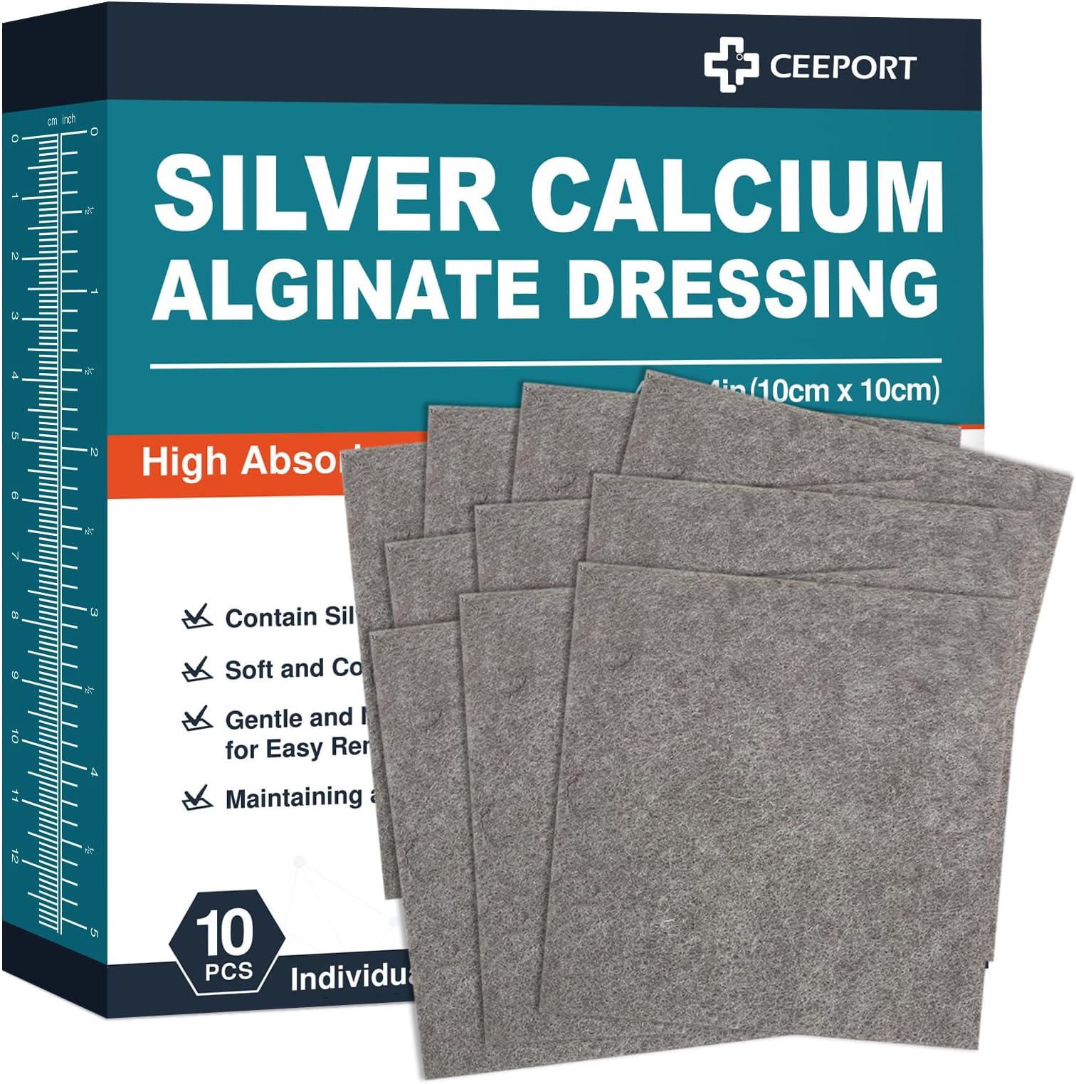 Ceeport Calcium Alginate Ag Silver Wound Bandages, 4''X4'' Adhesives, Individual Pack of 10, Soft Silver Wound Treatment Dressings, Soft & Highly Absorbent Dressing, C