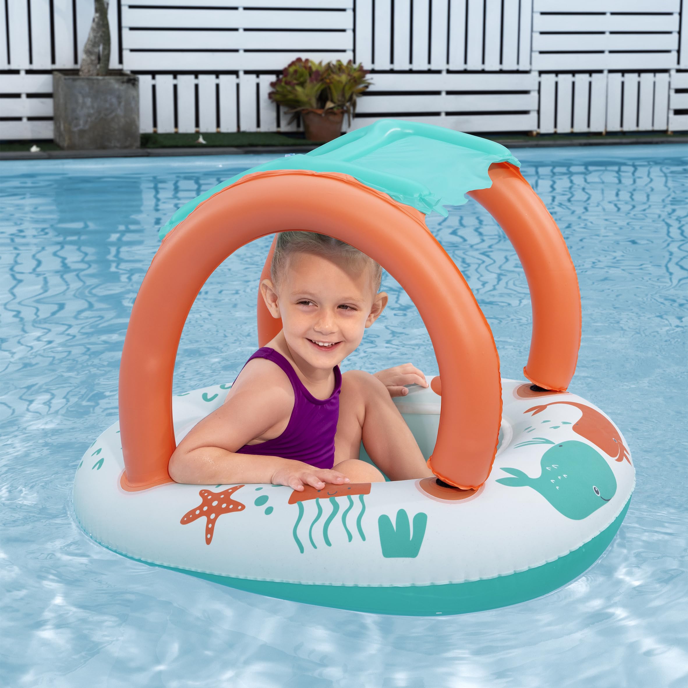 Bestway 33" x 26"/84cm x 67cm Comfort Plush Shaded Baby Boat, Orange/White/Blue whale design - Image 3
