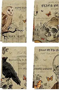 4 Pcs Vintage Halloween Kitchen Towels Tea Towels Decorative Set, 27.5x20 Inch Skeletons Crows Owl Dish Vintage Terror Decoration Hand Towels, Halloween Absorbent Kitchen Dishcloth for Cooking