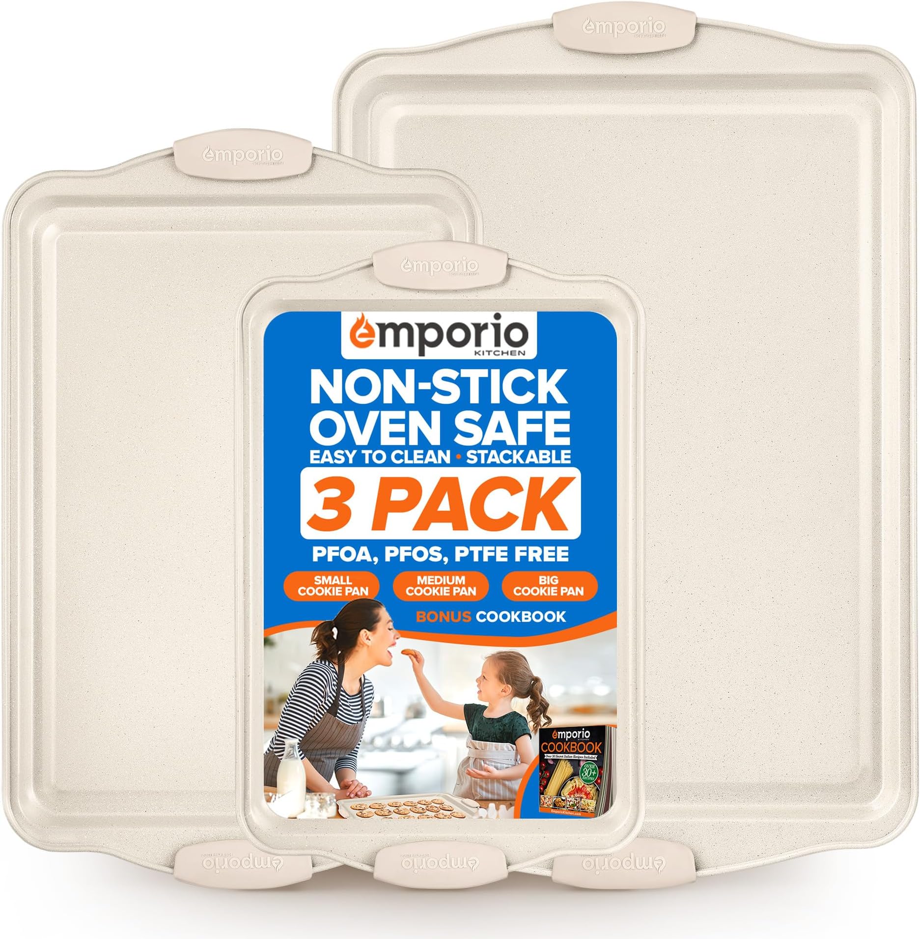 Baking Pan Set - Nonstick Coating, Carbon Steel Bakeware Set with White Silicone Handle, PFOA, PFOS, PTFE Free, Recipe Booklet Included, Oven Safe Tray (Up To 450° F), Set of 3 - White