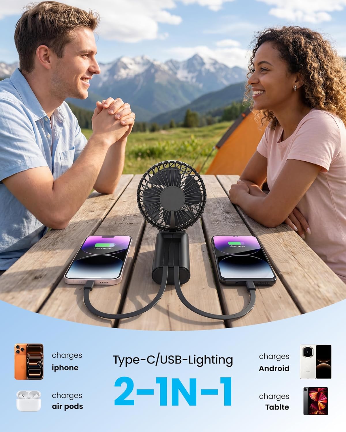 180° Folding Handheld Fan Rechargeable, 5200mAh 2-in-1 Portable Fan with Built-in Type-C/Lightning Cords for Beach/Travel