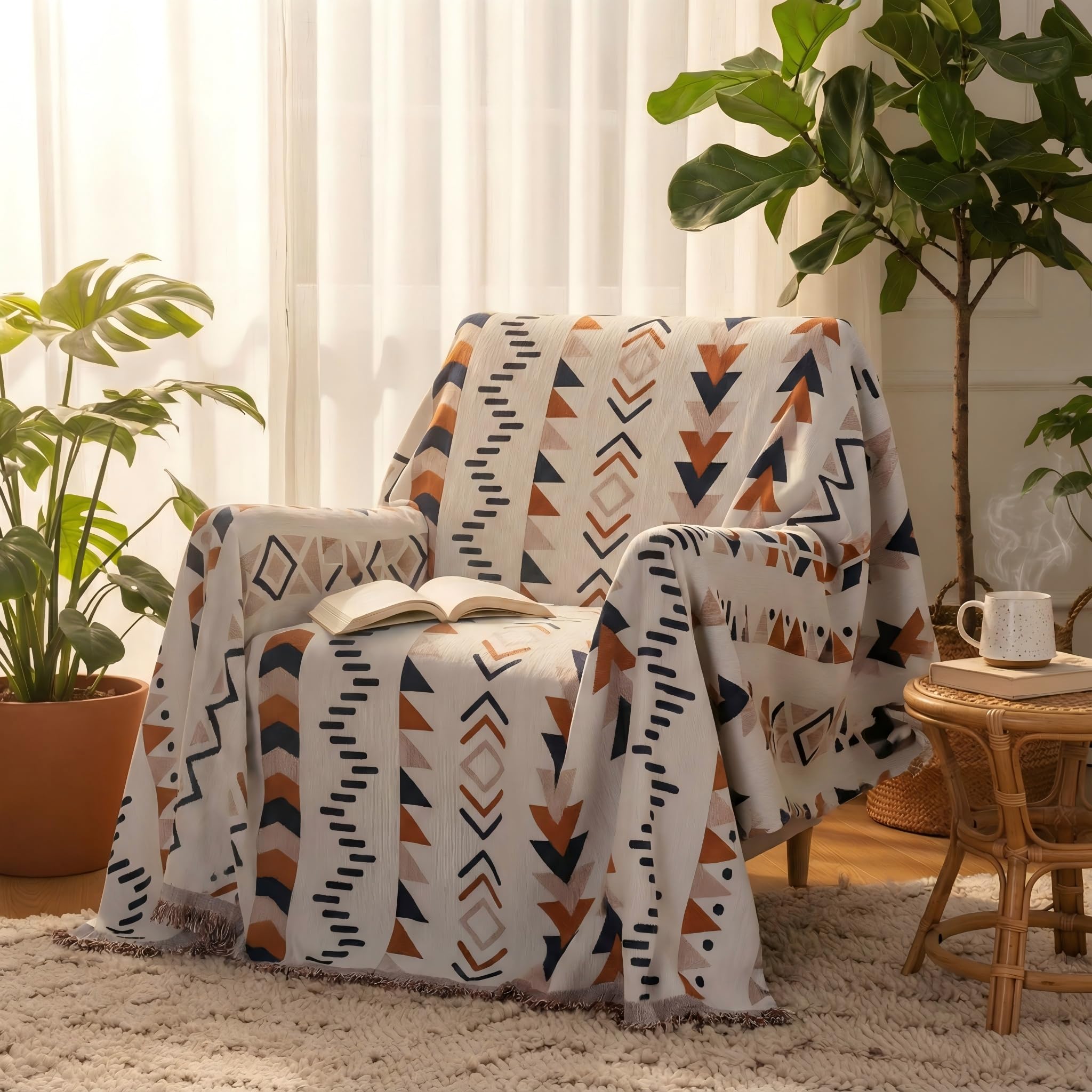 Coralov Boho Throw Blanket, Reversible Chenille Soft Couch Covers for Cushion Couch Sofa, Pet Friendly Modern Jacquard Sofa Slipcover Single Sofa 180 * 160CM