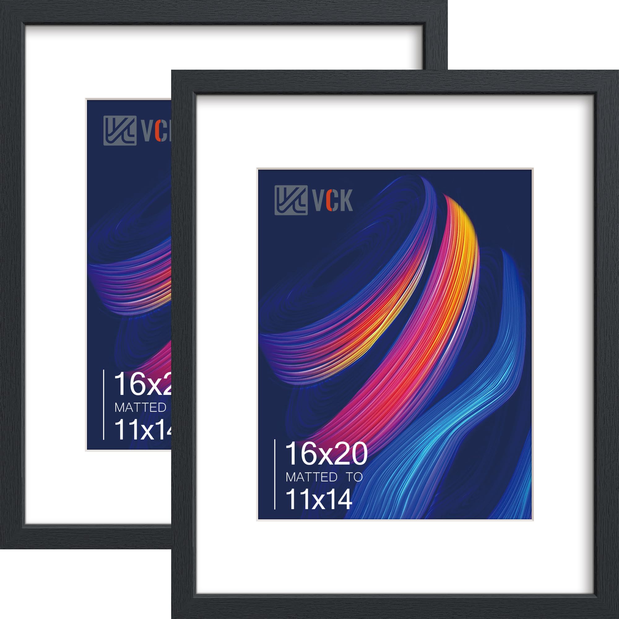 VCK 16x20 Picture Frame 2 Pack Black Wood with 11x14 Mat and Glass