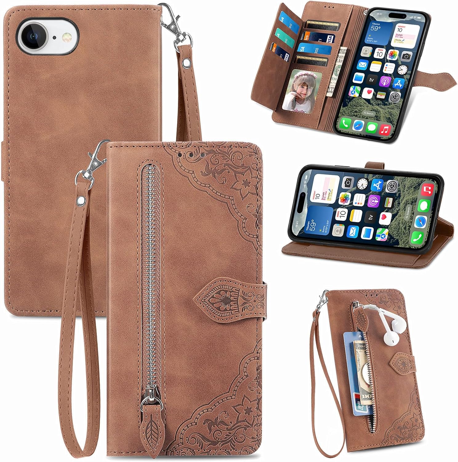 Wallet Case for Google Pixel 10 Pro XL with Zipper Pocket, Card Holder Slots, Magnetic Closure, Lanyard, Flip Cover - Brown