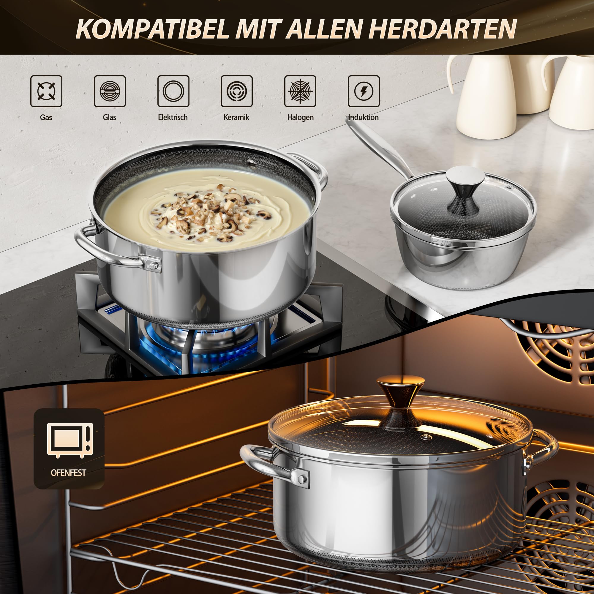 Kochtopf mit Deckel Hybrid 20cm/1.7L, Suppentopf Induktion Antihaft, Kühl bleibender Griff, Spülmaschinenfest, PFAS, PFOA und PTFE Frei, Ofenfest bis 260 °C, Geeignet für Alle Herdarten