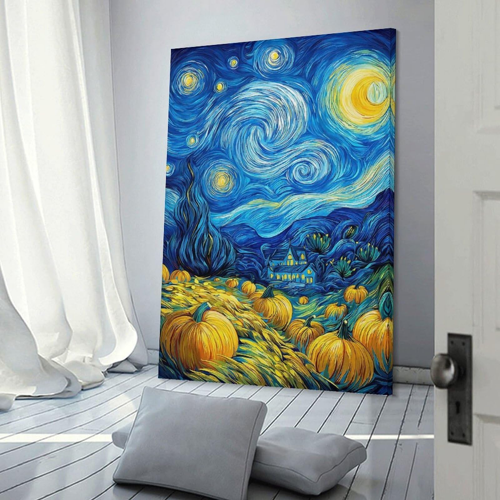 Junmoney Frame-Style-13 Starry Night Pumpkin Patch Room Decor Wall Art, 16X24inch(40X60cm), For Living Room, Bedroom, Office Or Hallway, Decorative Artwork With Broad Appeal