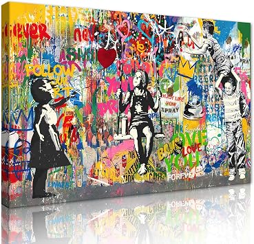 MAMAGO Huge Colorful Graffiti Banksy Wall Decor Modern Street Pop Art Abstract Inspirational Boy Girl Canvas Print Poster Home Apartment Hotel Wall Art Framed Easy to Hang-28 x 44 inch