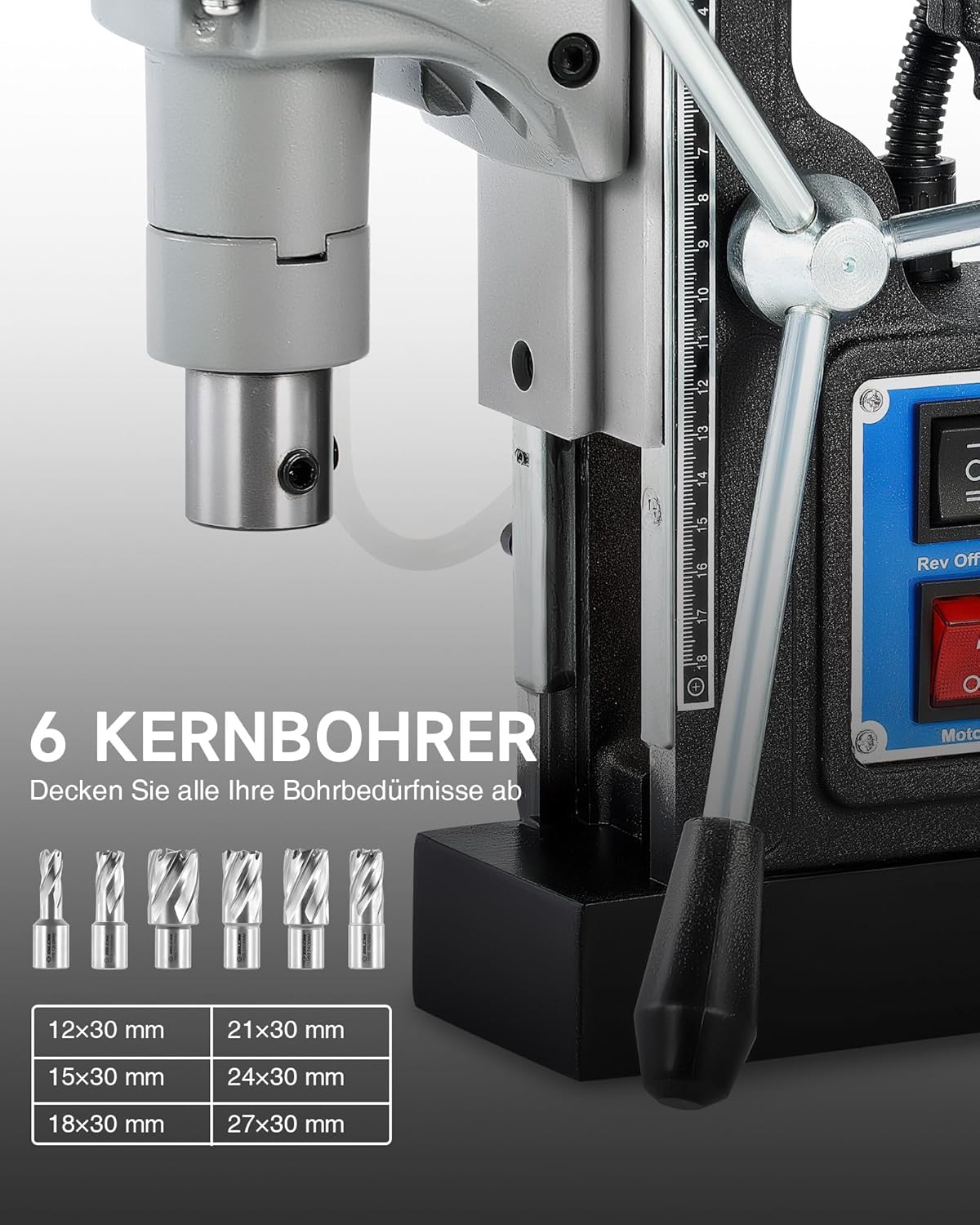 Close-up of ZELCAN Magnetic Drill showing various core drill bits